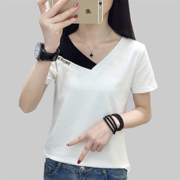 

shintimes fake two piece women t-shirt off shoulder tshirt short sleeve v-neck korea fashion summer cotton tee shirt femme 210708, White
