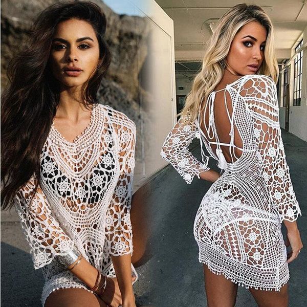 

summer fashion women lace crochet beach bikini cover ups long swimwear dress bathing suit women's, White;black