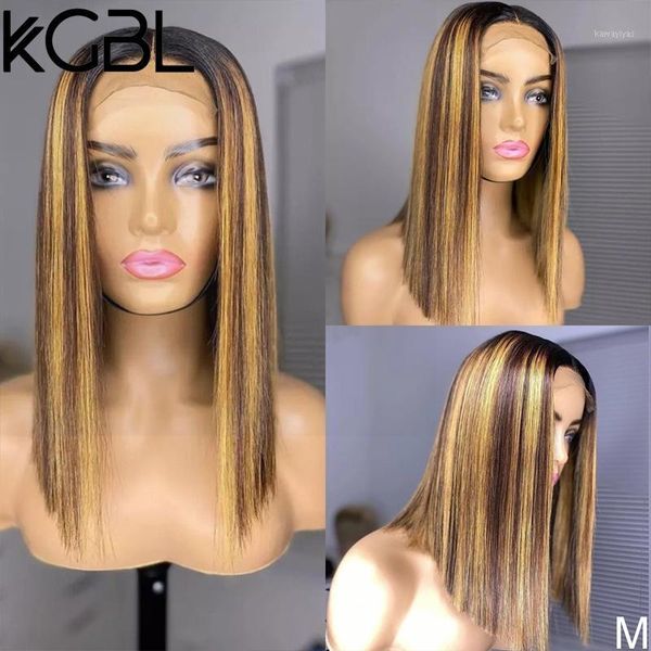 

highlight ombre t-part short bob lace front human hair wig with baby 8-14'' non-remy 130% density brazilian medium1, Black;brown