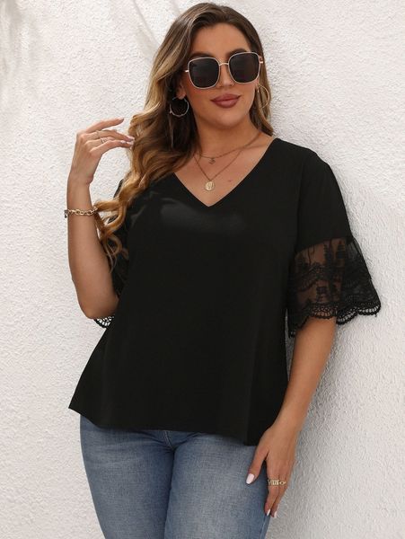 

plus embroidery mesh scallop trim flounce sleeve blouse 62ek#, Black