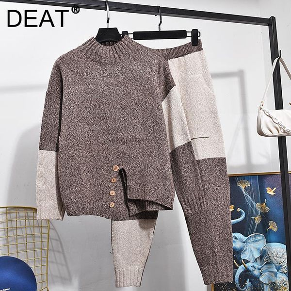 

women's two piece pants deat women patchwork knitting sweater high waist elasticity long set fashion autumn winter 2021 11d2579, White