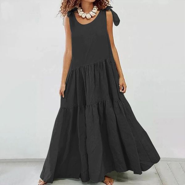 

summer plus size solid women dresses color sundress o neck casual maxi dress robe femme, Black;gray