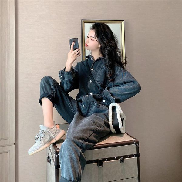 

women's jumpsuits & rompers denim jumpsuit 2021 autumn and winter loose korean fashion siamese high waist thin overalls, Black;white