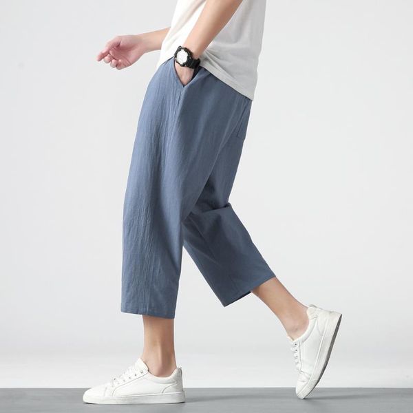 

men's pants legible 2021 summer calf-length loose casual men chinese style mens solid harem pant man, Black