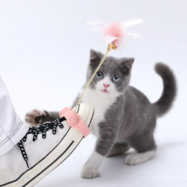 

cat toys tease stick pet elastic with bell lent color relieve boredom spring feather collar accessories