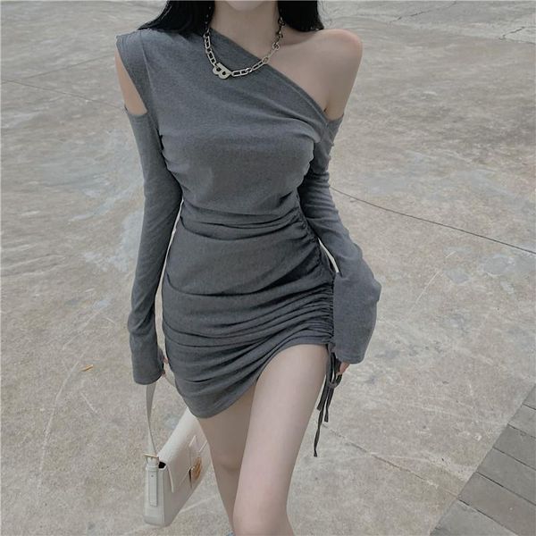 

casual dresses cold shoulder summer sheath dress women long sleeve mini pleated korean streetwear drawstring vintage z500, Black;gray
