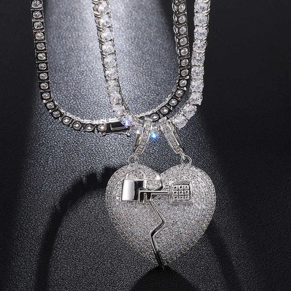 

hip hop iced out micro paved separable broken heart with key necklaces & pendants for men rapper jewelry, Silver