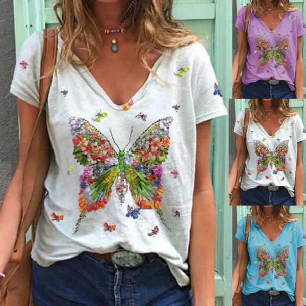 

women's t-shirt women t shirt decorative comfortable v-neck collar butterfly short sleeve fashion casual tees, White