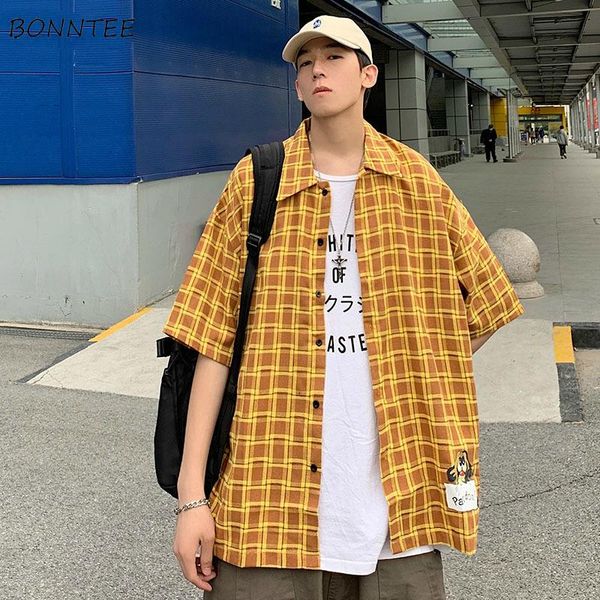 

shirts men short sleeve summer plaid cartoon printed single breasted loose male shirt korean-style leisure all-match chic teens men's c, White;black