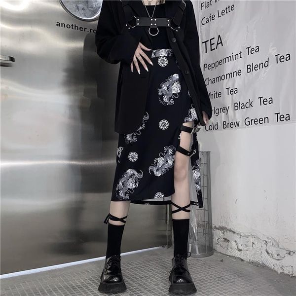 

gothic punk harajuke high waist women skirts belt buckle undefined black long dragon pattern streetwear skirt female
