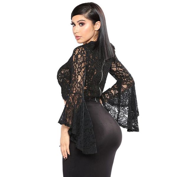 

women's blouses & shirts hollow out crop women embroidery black floral lace long flare sleeve ladies shirt clubwear blusas, White