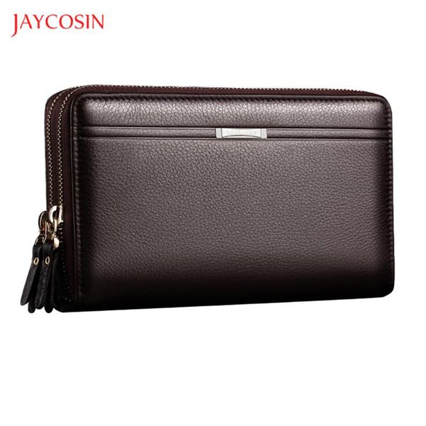 

wallets jaycosin men clutch genuine leather business long for holder double zipper coin purse handbag, Red;black