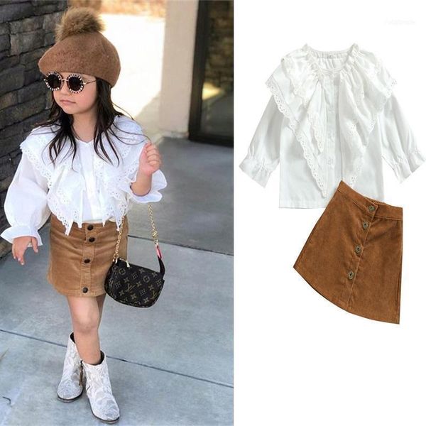 

clothing sets 1-5 years old baby girl 2pcs autumn clothes set lace ruffles shirts+mini corduroy skirts toddlers infants casual outfits1, White