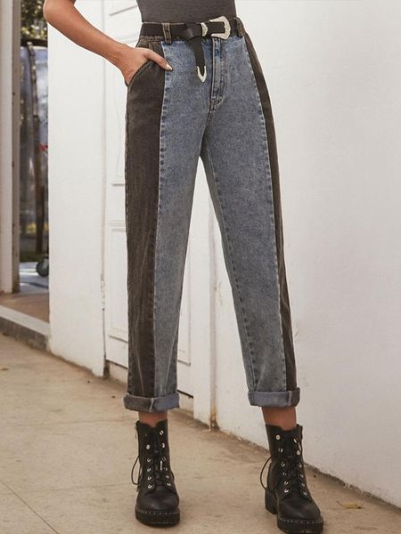 

women's jeans fashion contrast stitching all-match wash high waist patchwork casual loose trousers boyfriend, Blue
