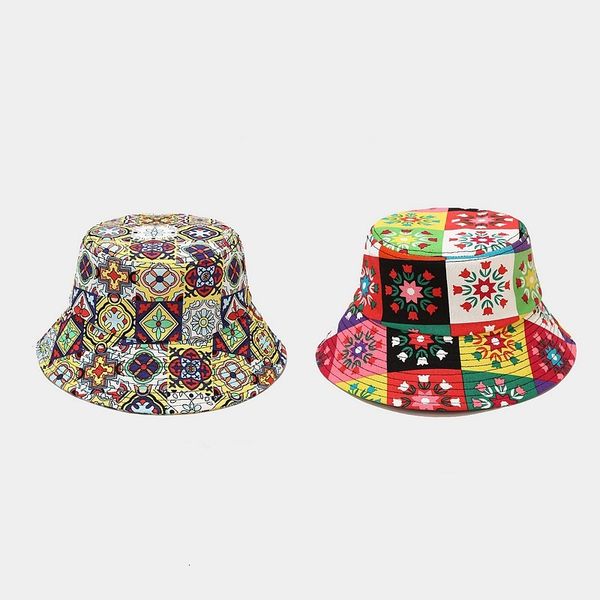 

new national style literature and art fisherman's hat women's trend flower pattern wide brim basin hat outdoor sunscreen hat