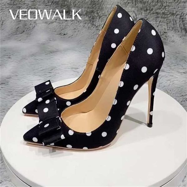 

veowalk polka dot women silk satin pointed toe stiletto high heels bow knot elegant ladies party shoes 8cm 10cm 12cm pumps black 211029
