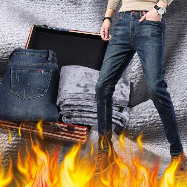 

men's jeans fleece men black warm denim pants slim straight 2021 winter business casual thick trousers clothing hombre, Blue