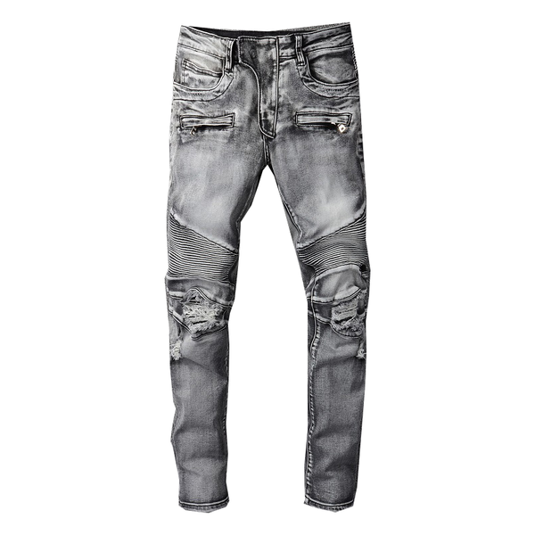 

men's pants jeans motorcycle hole stretch gray streetwear slim trousers, Black