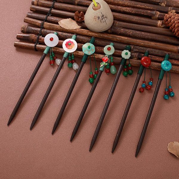 

chinese style wooden hair stick pick for women flower vintage pins leaves headpiece crystal headdress jewelry accessories clips & barrettes, Golden;silver