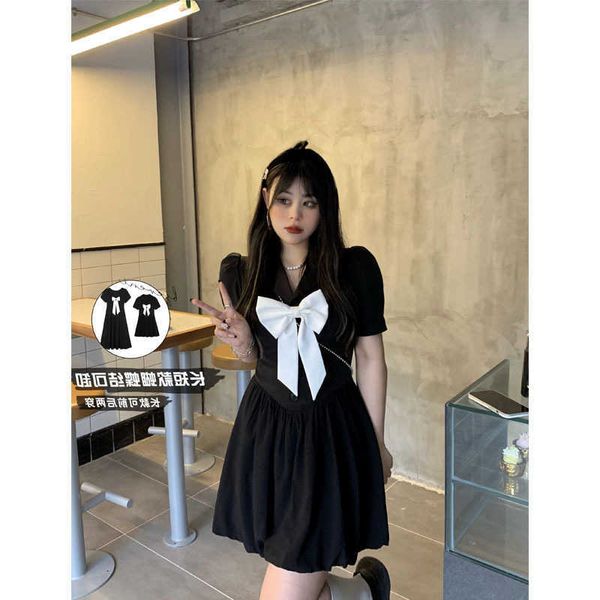 

fat slightly mm2021 summer slim waist length detachable bow drs for women, Black