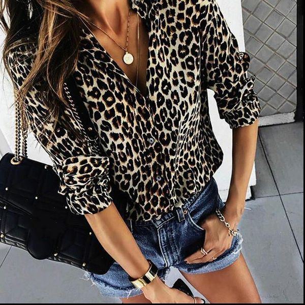 

fashion womens shirts work women long sleeve leopard blouse ladies v neck print chiffon shirt party dames blusas elegante, White