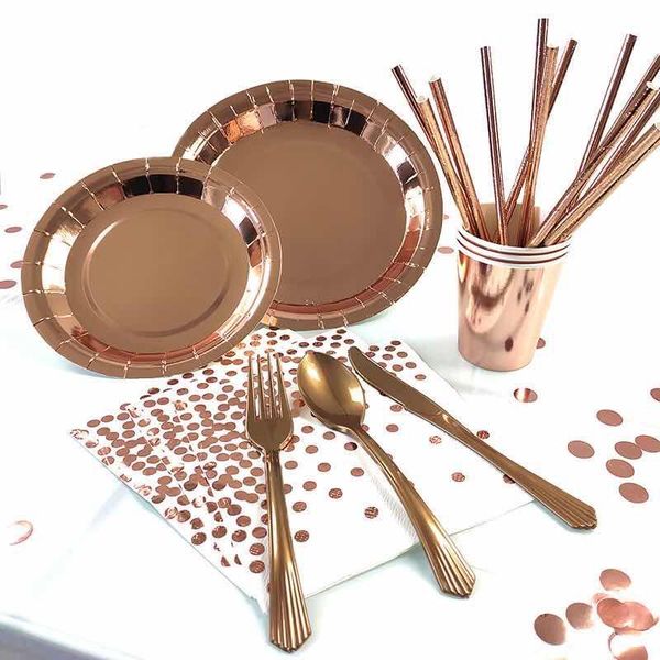 

party decoration rose gold disposable tableware set paper cups plates straws table supplies