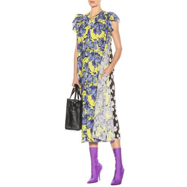 

summer fashion ruffles shoulder sleeveless flower printed round neck pullover pleated dress u374 casual dresses, Black;gray