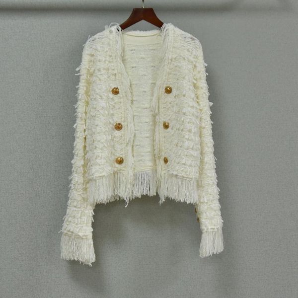 

women's knits & tees women fashion autumn winter elegant ladies tassels short metal button knitted cardigan sweater jacket, White