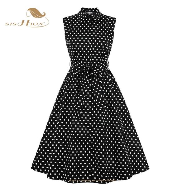 

casual dresses sishion 2021 sleeveless polka dots summer black dress vd1921 tunic a line swing cotton retro 50s 60s hepburn vintage, Black;gray