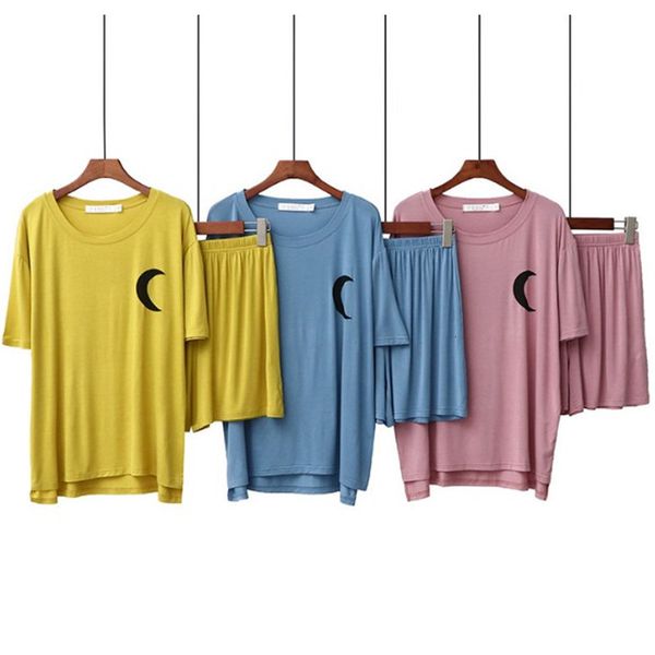 

women's sleepwear summer modal shorts short sleeve pajamas women round neck comfortable pijamas set loose casual home wear suit py, Black;red