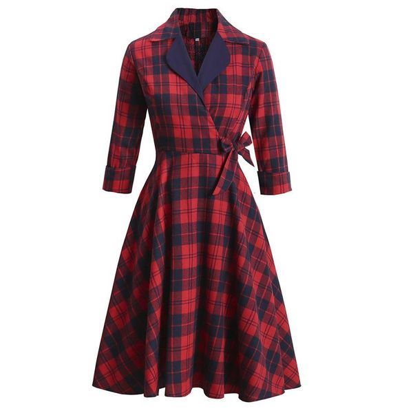 

classic england style red plaid dress women spring 3/4 sleeves turn down collar a line 50s vintage party vd1620 casual dresses, Black;gray