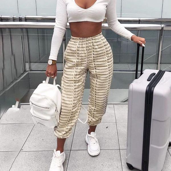 

women's pants & capris women letter printed 2021 summer beige casual elastic waist joggers sweatpants harajuku high street hip hop loos, Black;white