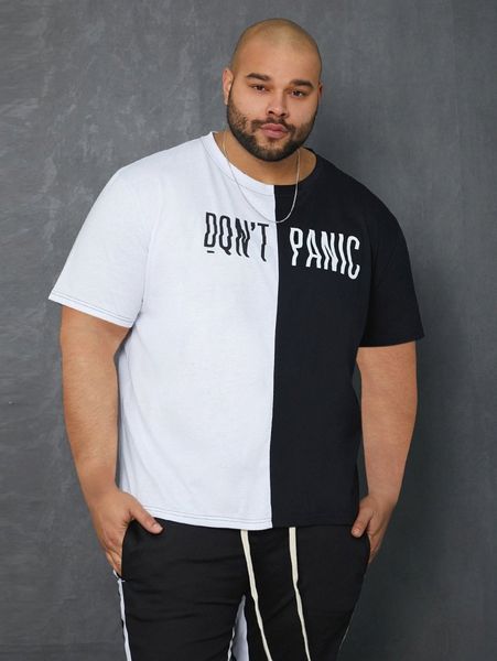 

extended sizes men slogan graphic colorblock tee n30q#, White;black