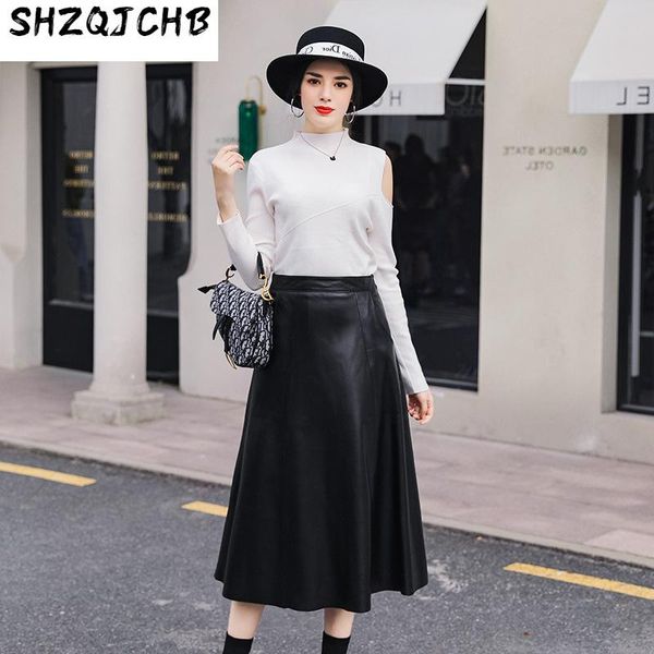 

skirts jchb 2021 women luxury sheepskin mid long real leather skirt elegant female genuine with zipper size 2xl, Black