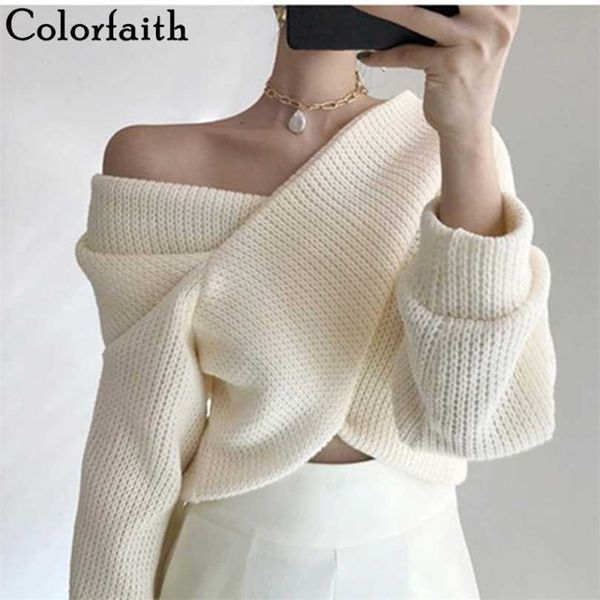 

colorfaith winter spring women pullover v-neck pull off shoulder sweater knitted korean elegant lady jumpers sw3053 211018, White;black