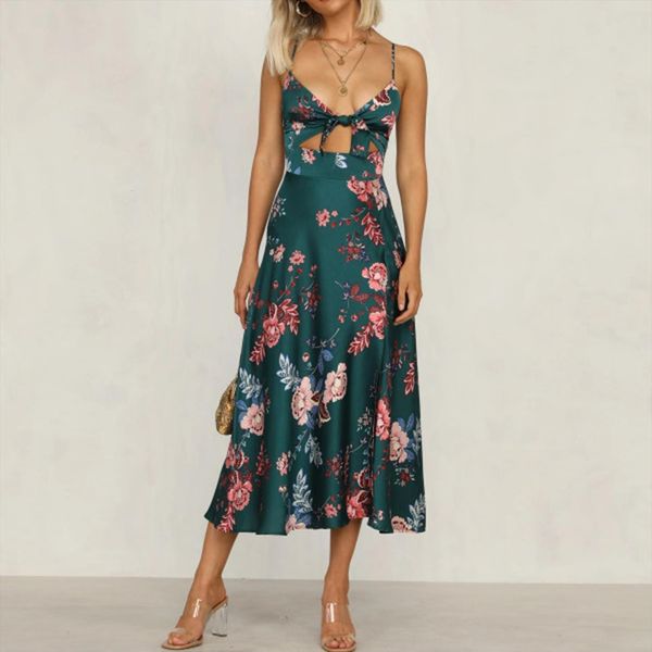 

v neck elegant bow womens dresses prints long party spaghetti strap femme robe boofeenaa vacation knitted maxi, Black;gray
