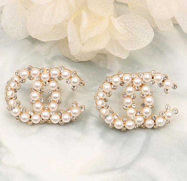 

22ss 20style design classic double letter stud long dangle drop earrings pearl crystal rhinestone wedding party jewelry, Golden;silver