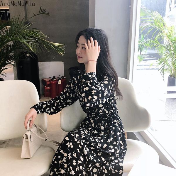 

casual dresses aremomuwha floral dress 2021 temperament retro commuter spring apricot bottom black flower inside long waist, Black;gray