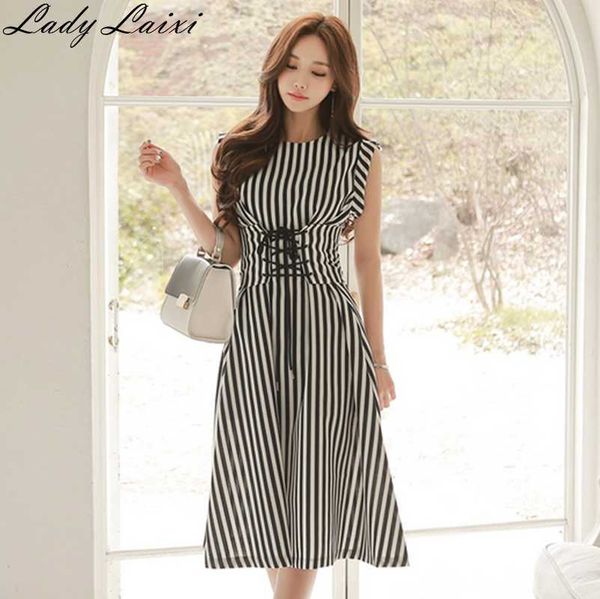 

summer korean ol stripe arrival collect waist round collar woman slim chiffon dress vestidos 210529, Black;gray