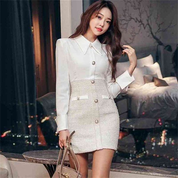 

fashion designer runway dress women's korean long sleeve button decoration patchwork tweed 210603, Black;gray