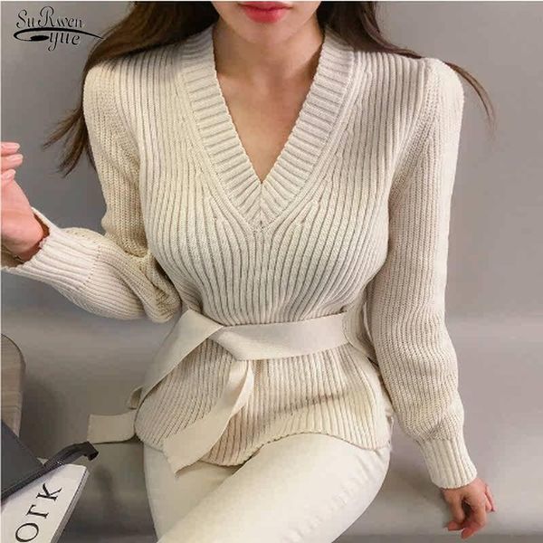 

women's sweaters autumn 2021 elegant tie waist bubble sleeves v-neck collar fork sweater knitwear korean slim solid color 18075, White;black