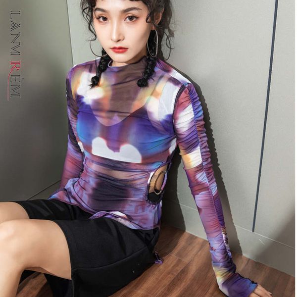 

spring mesh shirt street wear fashion faint-dyed asymmetric thin micro-transparent long sleeve 2a625 210507, White