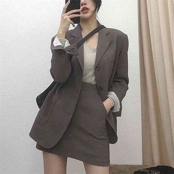 

fashion 2 piece set women skirt suits one button notched blazer coat slim mini two female outfits 210514, White