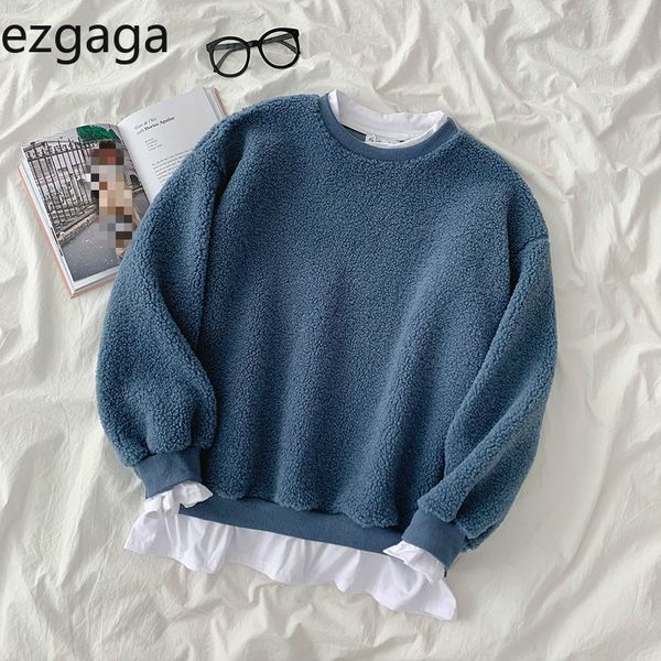 

ezgaga women thick patchwork sweatshirt autumn winter new o-neck lambswool loose streetwear coat female warm fashion 210430, Black