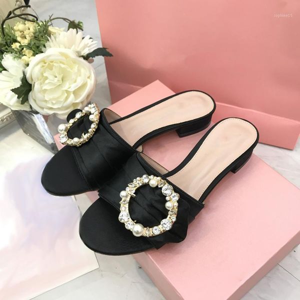 

kmeioo summer outside slides for women open toe slippers pearl buckle flats crystal sandals slip-on flat shoes1, Black