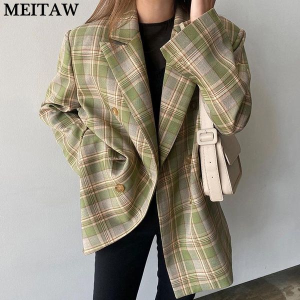 

women's suits & blazers 2021 spring autumn women plaid blazer vintage loose office jacket korean chic double breasted long suit jackets, White;black