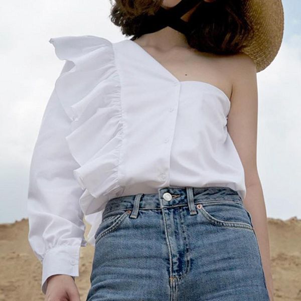 

women's blouses & shirts blouse women shirt slanted shoulder single sleeve ruffle ladies spring autumn bl2021037, White