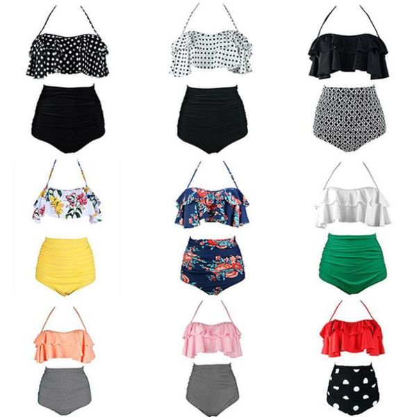 

women floral swimsuits bikini high waist ruffle swimwear lace-up bandage swimsuit bathing suits tankini summer beachwear yp252, White;black
