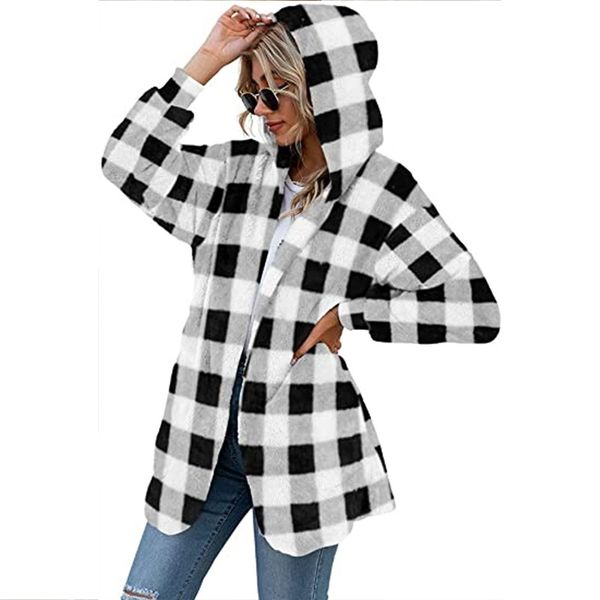 

new warm women's coat in autumn and winter leisure loose thickened plush women's coat black and white lattice hooded long sleeved, Black;red
