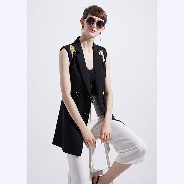 

women's vests blazer casual women 2021 embroidery bird patchwork lace vest waistcoat female jacket coat office lady npb001s, Black;white